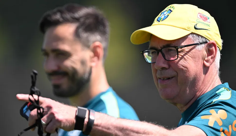 Brazil's Italian head coach Carlo Ancelotti gestures during a training session at the Columbia Park Training Facility in Morristown, New Jersey on July 2, 2026, during the 2026 World Cup football tournament. (Photo by MAURO PIMENTEL/AFP)