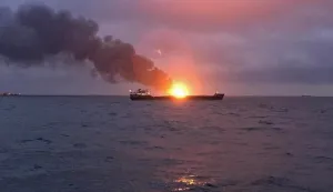 epa07307226 One of the two gas tanker vessels burns in the Kerch Strait between the Crimean and Russian borders in the Black Sea, 21 January 2019. According to reports, at least ten crew members were found dead after a fire aboard the LNG-carrying cargo ships Maestro and Candy sailing under Tanzanian flag broke out. EPA/KERCH.FM BEST QUALITY AVAILABLE