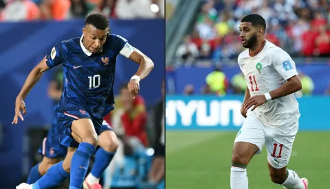 This combination of pictures created on July 07, 2026 shows France's forward #10 Kylian Mbappe running with the ball at the Philadelphia Stadium in Philadelphia on June 22, 2026, and Morocco's midfielder #11 Ismael Saibari controlling the ball at the Boston Stadium in Foxborough on June 19, 2026. France and Morocco will meet in a 2026 World Cup quarter-final football match at Boston Stadium in Foxborough on July 9, 2026. (Photo by ROBERTO SCHMIDT and FRANCK FIFE/AFP)