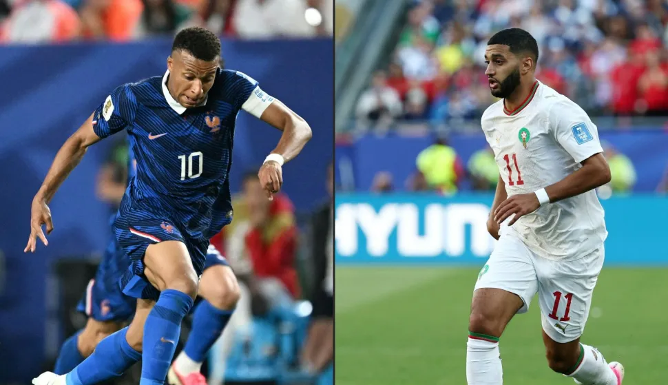 This combination of pictures created on July 07, 2026 shows France's forward #10 Kylian Mbappe running with the ball at the Philadelphia Stadium in Philadelphia on June 22, 2026, and Morocco's midfielder #11 Ismael Saibari controlling the ball at the Boston Stadium in Foxborough on June 19, 2026. France and Morocco will meet in a 2026 World Cup quarter-final football match at Boston Stadium in Foxborough on July 9, 2026. (Photo by ROBERTO SCHMIDT and FRANCK FIFE/AFP)