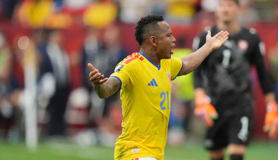 J&aacute;minton Campaz #21 of Colombia celebrates after scoring a penalty during the FIFA World Cup 2026 Round Of 16 match between Switzerland and Colombia at BC Place Vancouver. on July 7, 2026 in Vancouver, Canada. (Photo by Leonardo Ramirez/ Eyepix Group/Sipa USA) Photo: Eyepix/SIPA USA