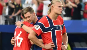 Norway's forward #09 Erling Braut Haaland reacts at the end of the 2026 World Cup football tournament quarter-final match between Norway and England at Miami Stadium in Miami on July 11, 2026. (Photo by ROBERTO SCHMIDT/AFP)