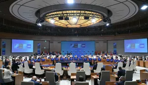 This photograph shows a general view with sitting NATO leaders during the NATO Summit at Bestepe Presidential Compound in Ankara, Turkey, on July 8, 2026. The summit comes at a fraught time for the 77-year-old transatlantic alliance, with the US President demanding members make good on a pledge to ramp up defence spending as Washington takes a step back from Europe. (Photo by SAUL LOEB/AFP)