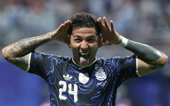 Argentina's midfielder #24 Enzo Fernandez celebrates scoring his team's first goal during the 2026 World Cup football tournament semi-final match between England and Argentina at the Atlanta Stadium in Atlanta on July 15, 2026. (Photo by Thomas COEX/AFP)