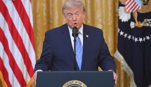 US President Donald Trump addresses the nation from the East Room of the White House in Washington, DC on July 16, 2026. (Photo by SAUL LOEB/POOL/AFP)