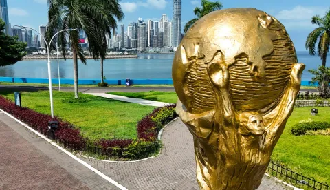This aerial view shows a giant replica of the FIFA World Cup trophy at the Cinta Costera in Panama City on May 13, 2026. Panama will play in the FIFA World Cup hosted by the United States, Mexico, and Canada from June 11 to July 19, 2026. (Photo by Martin BERNETTI/AFP)