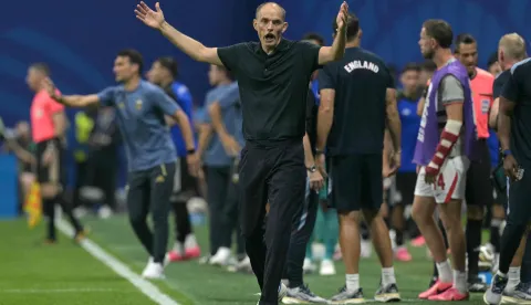 England's German head coach Thomas Tuchel gestures from the techincal area during the 2026 World Cup football tournament semi-final match between England and Argentina at the Atlanta Stadium in Atlanta on July 15, 2026. (Photo by JUAN MABROMATA/AFP)