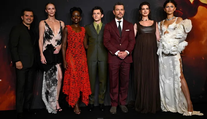 (From L) Colombian-US actor John Leguizamo, South African-US actress Charlize Theron, Kenyan-Mexican actress Lupita Nyong'O, British actor Tom Holland, US actor, screenwriter, producer Matt Damon, US actress Anne Hathaway and US actress, singer Zendaya pose during a photocall ahead of the premiere of the film 'The Odyssey' at the Grand Rex in Paris on July 8, 2026. (Photo by JULIEN DE ROSA/AFP)