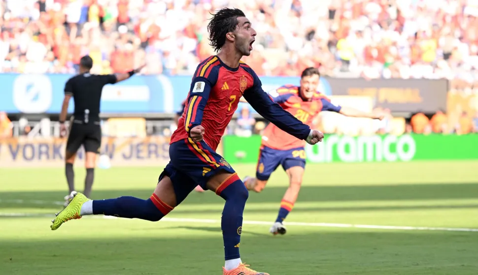 EAST RUTHERFORD, NEW JERSEY - JULY 19: Ferran Torres #7 of Spain celebrates scoring his team's first goal during the FIFA World Cup 2026 Final match between Spain and Argentina at New York New Jersey Stadium on July 19, 2026 in East Rutherford, New Jersey. David Ramos/Getty Images/AFP (Photo by David Ramos/GETTY IMAGES NORTH AMERICA/Getty Images via AFP)