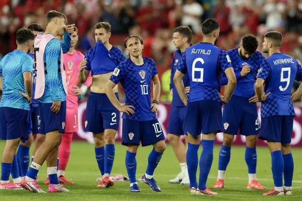 Torongo, 03.07.2026 - Utakmica 1/16 finala Svjetskog nogometnog prvenstva Portugal - Hrvatska u Torontu. Na slici hrvatski igrači Luka Modrić, Josip Stani&scaron;ić, Josip &Scaron;utalo, Jo&scaron;ko Gvardiol, Andrej Kramarić na kraju utakmice.foto HINA/ Daniel KASAP/ ds
