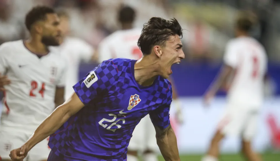 Dallas, 17.06.2026 - Utakmica 1. kola L skupine Svjetskoga nogometnoga prvenstva Engleska - Hrvatska. Na slici Petar Musa slavi postignuti zgoditak.foto HINA/ Daniel KASAP/ ds