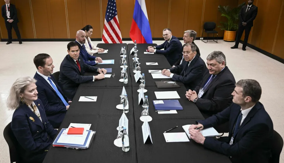 Russia's Foreign Minister Sergey Lavrov (centre R) attends a meeting with US Secretary of State Marco Rubio (centre L) on the sidelines of the Association of Southeast Asian Nations (ASEAN) Foreign Ministers Meeting in Pasay, Metro Manila on July 23, 2026. (Photo by Brendan SMIALOWSKI/POOL/AFP)