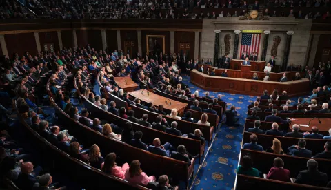 WASHINGTON, DC - APRIL 28: King Charles III addresses a joint meeting of Congress at the U.S. Capitol on April 28, 2026 in Washington, DC. In his first visit to the U.S. as the British monarch, King Charles III addressed Congress as part of a multi-day trip to the nation's capital, New York City, and Virginia celebrating the United States of America's 250th anniversary of its independence. Chip Somodevilla/Getty Images/AFP (Photo by CHIP SOMODEVILLA/GETTY IMAGES NORTH AMERICA/Getty Images via AFP)