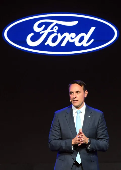 President at Ford of Europe Jim Baumbick holds a press conference at the Ford factory in Almussafes, near Valencia on July 23, 2026. US automaker Ford announced today that it plans to create a joint venture with Chinese group Geely at its struggling Spanish plant in Valencia, which will produce four additional models for both companies. (Photo by JOSE JORDAN/AFP)