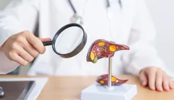 Doctor with human Liver model and Magnifying glass. Liver cancer and Tumor, Jaundice, Viral Hepatitis A, B, C, D, E, Cirrhosis, Failure, Enlarged, Hepatic Encephalopathy and Ascites Fluid in Belly