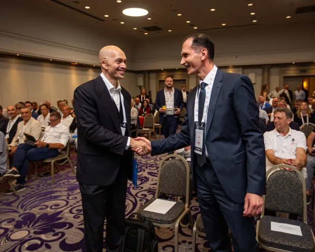 Zagreb, 29.07.2026.- Izborna sjednica Skup&scaron;tine Hrvatskog olimpijskog odbora na kojoj je izabran novi predsjednik HOO-a.Na fotografiji Josip Varvodić, Dragan Primorac.foto HINA/ Luka &Scaron;ANGULIN/ l&scaron;