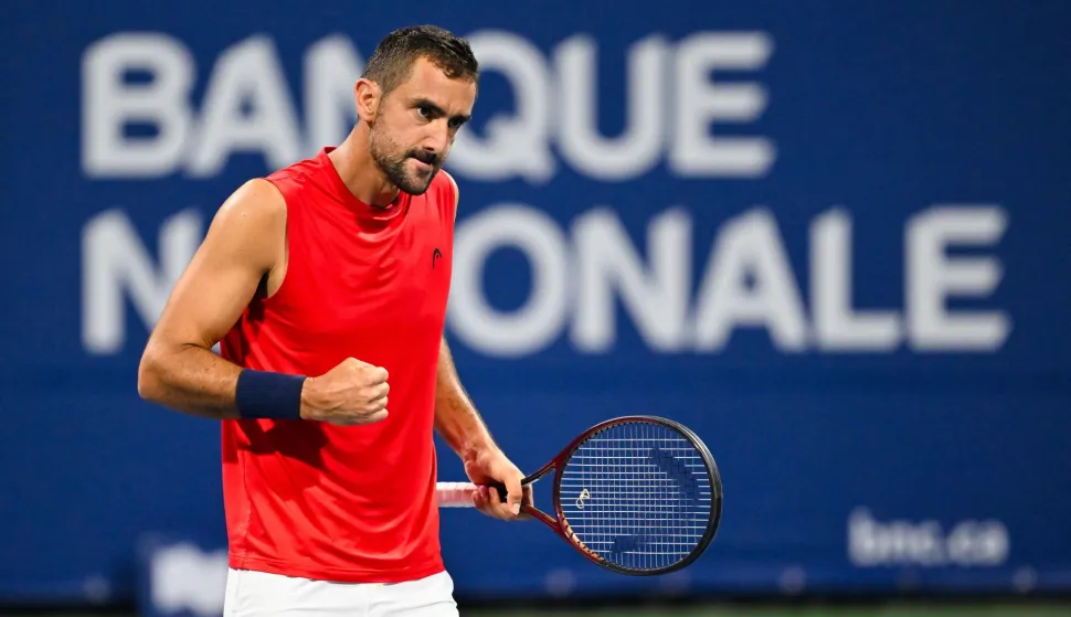 MONTREAL, CANADA - AUGUST 03: Marin Cilic of Croatia reacts against Sho Shimabukuro of Japan during their singles first round match on day two of the ATP 1000 National Bank Open presented by Rogers at Stade IGA on August 3, 2026 in Montreal, Quebec, Canada. Minas Panagiotakis/Getty Images/AFP (Photo by Minas Panagiotakis/GETTY IMAGES NORTH AMERICA/Getty Images via AFP)