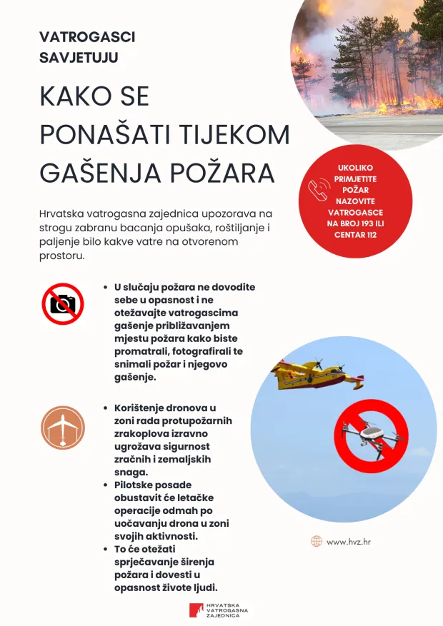 Zbog nedavnog slučaja kod naselja Vrsi u Zadarskoj županiji kada je zaustavljena operacija protupožarnih zrakoplova na požari&scaron;tu, Hrvatska vatrogasna zajednica upozorava građane da ne koriste dronove za snimanje požari&scaron;ta.
