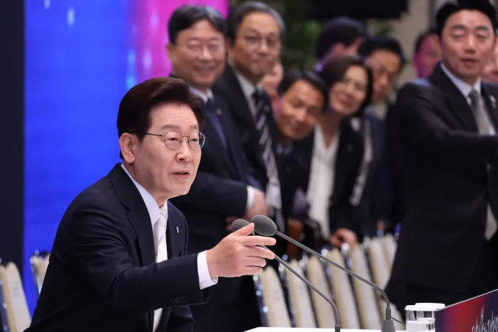 South Korean President Lee Jae Myung attends a press conference to mark the first anniversary of his inauguration at the Blue House in Seoul on June 8, 2026. (Photo by Chung Sung-Jun/POOL/AFP)