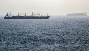 Vessels transit the Bab el-Mandeb Strait off the coast of southern Yemen on July 25, 2026. A spokesman for Yemen's Houthis had said on July 24 that the rebels were not blocking traffic through the strategic Bab al-Mandeb Strait, after they declared a maritime embargo this week on their foe Saudi Arabia. The Iran-backed group attacked a Saudi ship in the nearby Red Sea after announcing the blockade, which threatens the top oil exporter's ability to get its supplies to the world following Iran's parallel blockade of the Strait of Hormuz, the kingdom's only other maritime route. (Photo by Khaled ZIAD/AFP)/