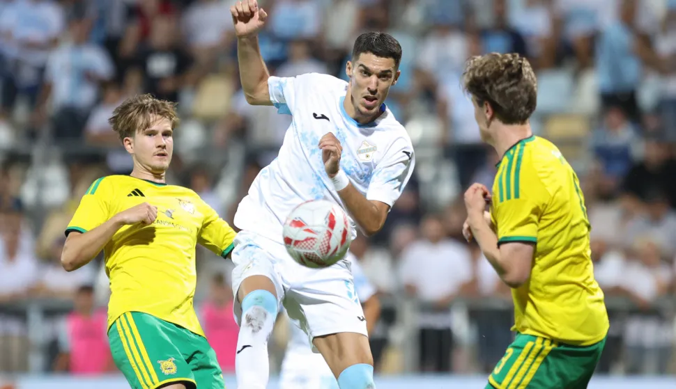 06.08.2026., Rijeka - UEFA Konferencijska liga, prva utakmica 3. kola kvalifikacija, HNK Rijeka - FC Ilves. Oskari Multala, Niko Jankovic, Moreno Zivkovic.. Photo: Nel Pavletic/PIXSELL