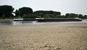 Cargo ships navitage on the water of the Rhine as the partially dried-up river bed is seen in the foreground near Leverkusen, western Germany on July 30, 2026, following exceptionally hot weather. (Photo by Ina FASSBENDER/AFP)