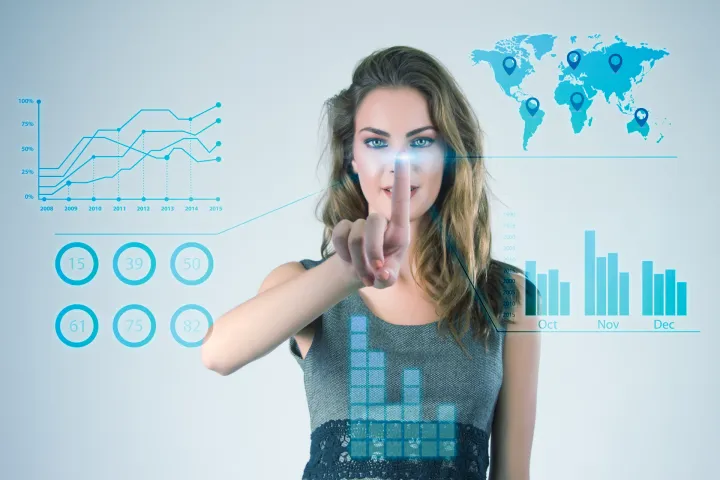 Businesswoman working with modern virtual technologies hands touching the screen.umjetna inteligencija ui ai ilustracija freepik