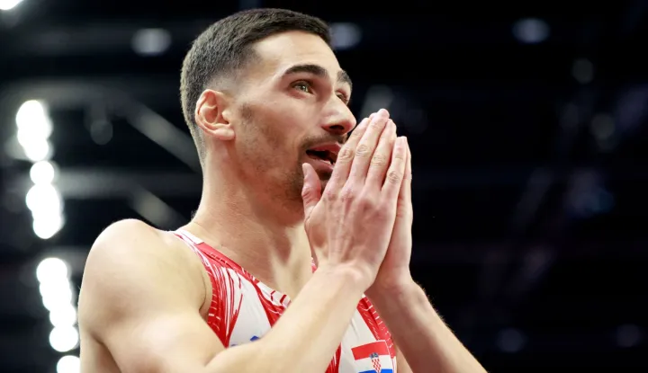Croatia's Marino Bloudek reacts as he competes in the men's 800m semi-final heat 3 during the World Athletics Indoor Championships Kujawy Pomorze 2026 in Torun, Poland on March 21, 2026. (Photo by Wojtek RADWANSKI/AFP)