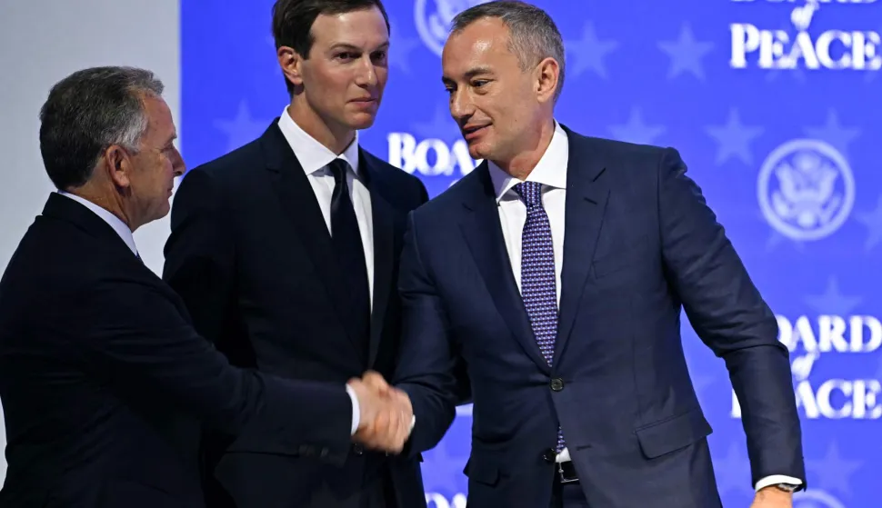 (FILES) US Special Envoy Steve Witkoff (L) shakes hands with Nickolay Mladenov, Bulgarian High Representative for Gaza (R) next to US businessman Jared Kushner at the "Board of Peace" meeting during the World Economic Forum (WEF) annual meeting in Davos on January 22, 2026. The US president's envoy and son-in-law Jared Kushner will visit Israel next week in hopes of bridging gaps on a Gaza plan rejected by the Israeli prime minister, officials said on August 14, 2026. Kushner and Mladenov, the high representative for Gaza of the US president' so-called Board of Peace implementing the deal, will visit both Israel and key mediator Egypt. (Photo by Fabrice COFFRINI/AFP)