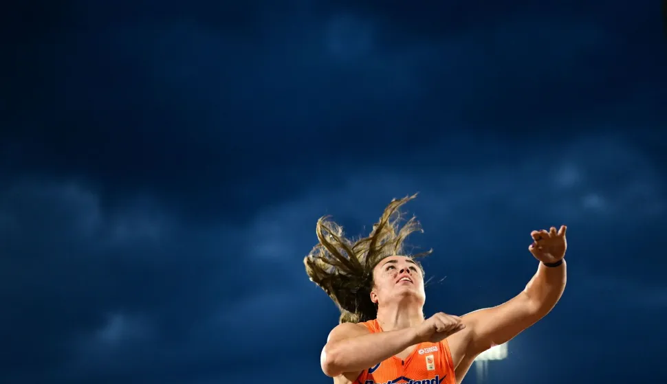 Netherlands' Jorinde van Klinken competes in the women's discus throw final during the European Athletics Championships at Alexander Stadium in Birmingham on August 14, 2026. (Photo by Ben STANSALL/AFP)