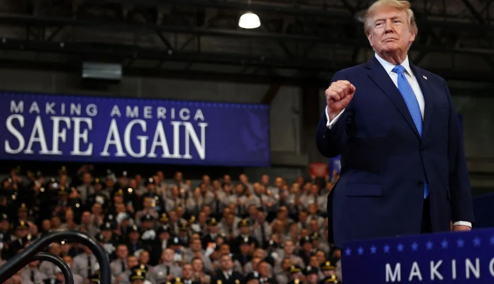 GARDEN CITY, NEW YORK - AUGUST 14: U.S. President Donald Trump arrives to deliver remarks at the David S. Mack Center for Training and Intelligence on August 14, 2026 in Garden City, New York. President Trump visited the police academy to highlight the FBI's 2025 Crime Statistics Report and rally support for local Republican candidates ahead of the upcoming midterm elections. Samuel Corum/Getty Images/AFP (Photo by Samuel Corum/GETTY IMAGES NORTH AMERICA/Getty Images via AFP)