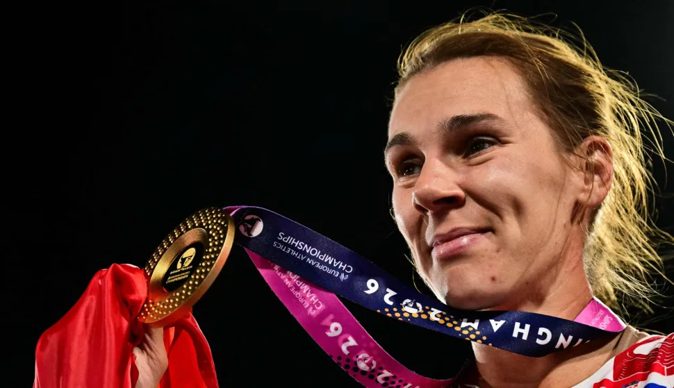 Gold medallist Croatia's Sara Kolak celebrates after winning the women's javelin throw final during the European Athletics Championships at Alexander Stadium in Birmingham on August 16, 2026. (Photo by Ben STANSALL/AFP)