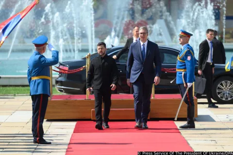 from left: Wolodymyr Zelenskyy, President Aleksandar Vucic. President Wolodymyr Zelenskyy visiting Belgrade/Serbia on 08.08.2026. Official Visit of the President of Ukraine to Serbia ?Press Service Of The President Of Ukraine via SVEN SIMON Photo Agenc