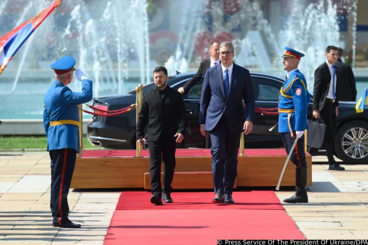 from left: Wolodymyr Zelenskyy, President Aleksandar Vucic. President Wolodymyr Zelenskyy visiting Belgrade/Serbia on 08.08.2026. Official Visit of the President of Ukraine to Serbia ?Press Service Of The President Of Ukraine via SVEN SIMON Photo Agenc