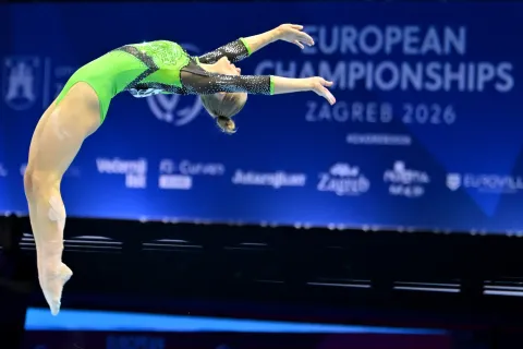 ZAGREB; CROATIA - AUGUST 15: Angelina Melnikova of Russia in action during the Women's Senior Floor Exercise Final on the 2026 European Championships in Women's Artistic Gymnastics in Arena Zagreb on August 15, 2026 in Zagreb, Croatia. (Photo by Igor Kupljenik/Sports Press Photo). (Photo by Igor Kupljenik/SPP/Sipa USA) Photo: Sports Press Photo/SIPA USA