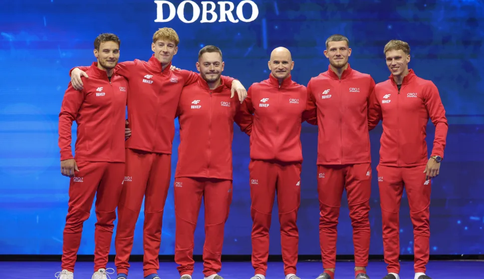 Zagreb, 17.08.2026 - Media Day hrvatske mu&scaron;ke seniorske reprezentacije, uoči početka Europskog prvenstva u mu&scaron;koj sportskoj gimnastici. Na slici članovi hrvatske gumnastičke reprezentacije, Marko Jovičić, Mateo Žugec, Tin Srbić, Filip Ude, Ilija Kovdun, Aurel Benović.foto HINA/ Damir SENČAR/ ds