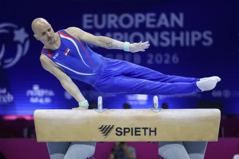 Zagreb, 17.08.2026 - Media Day hrvatske mu&scaron;ke seniorske reprezentacije, uoči početka Europskog prvenstva u mu&scaron;koj sportskoj gimnastici. Na slici Filip Ude, konj s hvataljkama.foto HINA/ Damir SENČAR/ ds