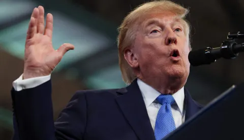 GARDEN CITY, NEW YORK - AUGUST 14: U.S. President Donald Trump delivers remarks at the David S. Mack Center for Training and Intelligence on August 14, 2026 in Garden City, New York. President Trump visited the police academy to highlight the FBI's 2025 Crime Statistics Report and rally support for local Republican candidates ahead of the upcoming midterm elections. Samuel Corum/Getty Images/AFP (Photo by Samuel Corum/GETTY IMAGES NORTH AMERICA/Getty Images via AFP)