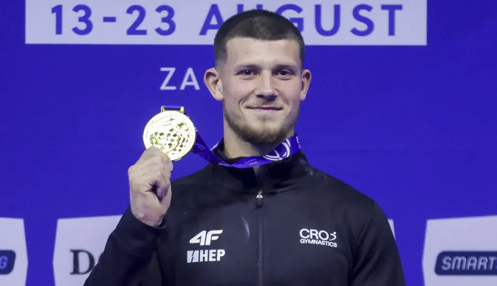 Zagreb, 19.08.2026 - Europsko prvenstvo za gimnastičare - vi&scaron;eboj pojedinačno i kvalifikacije po spravama. Illia Kovtun osvojio je zlatnu medalju u vi&scaron;eboju za Hrvatsku. Na fotografiji Illia Kovtun. foto HINA/ Admir BULJUBA&Scaron;IĆ/ abu