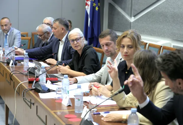 Zagreb,20.08.2026 -- Održana je 33. sjednica Odbora za za&scaron;titu okoli&scaron;a i prirode. Na sjednici je predložen zaključak kojim se Vlada Republike Hrvatske obvezuje odmah započeti trajnu sanaciju odlagali&scaron;ta opasnog otpada u Gospiću, osigurati stalni nadzor oneči&scaron;ćenja podzemnih voda i okoli&scaron;a te o poduzetim mjerama i nalazima izvje&scaron;tavati Hrvatski sabor.Na slici Hrvoje Zekanović,Ante Sanader,Željko Lacković i Du&scaron;ica Radojčić.Foto HINA/Tomislav Pavlek/tp