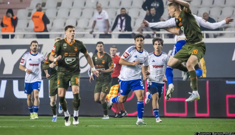 21.04.2026., Split - stadion Poljud - SuperSport HNL, 31. kolo: HNK Hajduk - NK Osijek. Dario Melnjak, Oleksandr Petrusenko, Vladan Bubanja, Kerim Alajbegovic, Rokas Pukstas Photo: Zvonimir Barisin/PIXSELL