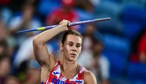 Croatia's Sara Kolak competes in the women's javelin throw final during the European Athletics Championships at Alexander Stadium in Birmingham on August 16, 2026. (Photo by Ben STANSALL/AFP)