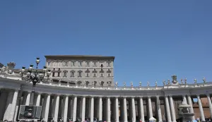 Pope Leo XIV addresses the crowd from a window of the apostolic palace overlooking St. Peter's Square during the Angelus prayer in The Vatican on May 31, 2026. (Photo by TIZIANA FABI/AFP)