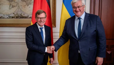 In this handout photograph taken and released by the Ukrainian Foreign Ministry on August 22 2026, Ukraine's Foreign Affairs Minister Andrii Sybiha (R) and Germany's Foreign Minister Johann Wadephul shake hands during their meeting in Kyiv on August 22, 2026, amid the Russian invasion of Ukraine. in Kyiv, amid the Russian invasion of Ukraine. (Photo by Handout/UKRAINIAN FOREIGN MINISTRY/AFP)/RESTRICTED TO EDITORIAL USE - MANDATORY CREDIT "AFP PHOTO/UKRAINIAN FOREIGN MINISTRY" - NO MARKETING NO ADVERTISING CAMPAIGNS - DISTRIBUTED AS A SERVICE TO CLIENTS (Photo by Handout/UKRAINIAN FOREIGN MINISTRY/AFP)/RESTRICTED TO EDITORIAL USE - MANDATORY CREDIT "AFP PHOTO/UKRAINIAN FOREIGN MINISTRY" - NO MARKETING NO ADVERTISING CAMPAIGNS - DISTRIBUTED AS A SERVICE TO CLIENTS