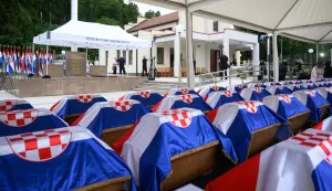 22.08.2026., Donji Macelj, Spmen crkva Muke Isusove - Uoci Europskog dana sjecanja na zrtve totalitarnih i autoritarnih rezima odrzana je komemoracija povodom posljednjeg ispracaja i pokopa 500 hrvatskih zrtava ciji su posmrtni ostaci ekshumirani i preuzeti iz grobnica na podrucju Republike Slovenije. Komemoraciju organizira Ministarstvo hrvatskih branitelja. Posljednjem ispracaju nazocili su potpredsjednik Vlade i ministar hrvatskih branitelja Tomo Medved, a svetu misu zadusnicu predvodio je vojni ordinarij mons. Jure Bogdan. Photo: Davor Puklavec/PIXSELL