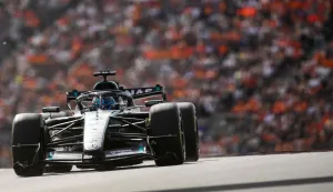 Mercedes' British driver George Russell drives during the sprint qualifying session of the Formula One Dutch Grand Prix at The Circuit Zandvoort, western Netherlands, on August 21, 2026. (Photo by JOHN THYS/AFP)
