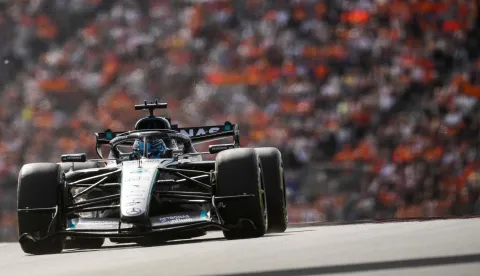 Mercedes' British driver George Russell drives during the sprint qualifying session of the Formula One Dutch Grand Prix at The Circuit Zandvoort, western Netherlands, on August 21, 2026. (Photo by JOHN THYS/AFP)