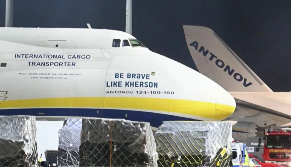 A video grab taken from a video footage by News5 from August 5, 2026 the nose of an Ukrainian "Antonov" plane at German airport Leipzig-Halle in Schkeuditz, eastern Germany, after a drone was spotted nearby. German police deployed a bomb disposal robot at the airport after a drone was found near a Ukrainian-flagged cargo plane overnight, also forcing the diversion of numerous flights. Another aircraft, which had to abort its scheduled landing at Leipzig-Halle airport, then collided mid-air with an unknown object several kilometres away but later landed safely, the government said. The airport in eastern Germany plays a key role in the transport of military goods, including by the German military and NATO allies, and also serves as a base for Ukraine's Antonov Airlines. (Photo by NEWS5/AFP)
