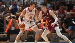 27.08.2026., SD Kre&scaron;imir Čosić, Zadar - Kvalifikacijska utakmica za FIBA Svjetsko prvenstvo 2027. godine između Hrvatske i Latvije. Luka Bozic i Antonio Pejanovic Photo: Josko Herceg/PIXSELL