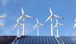 Solar panels and wind turbines, Green energy concept. 3D illustrationobnovljivi izbori eneregije solarni paneli vjetroturbine